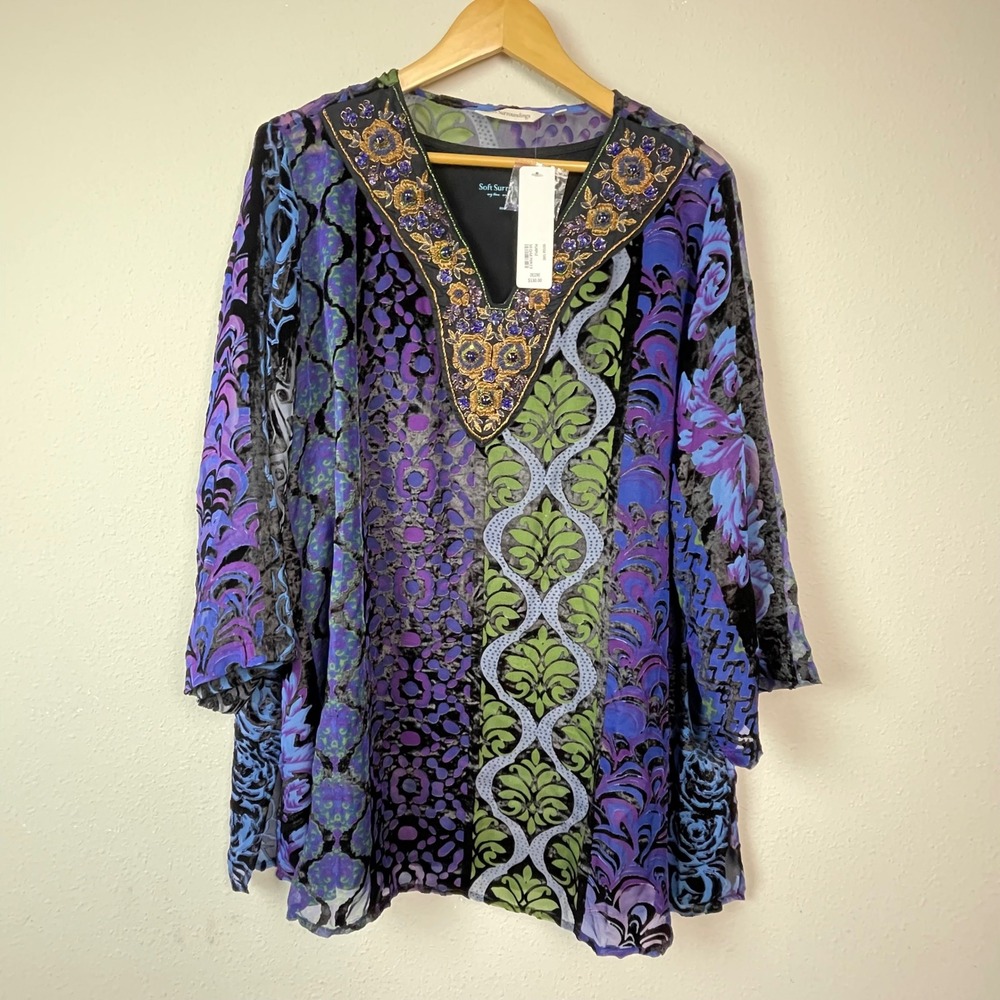 Soft Surroundings Vistosa Tunic 2X Purple Velvet Burnout Beaded 5EQ48‎ NWT